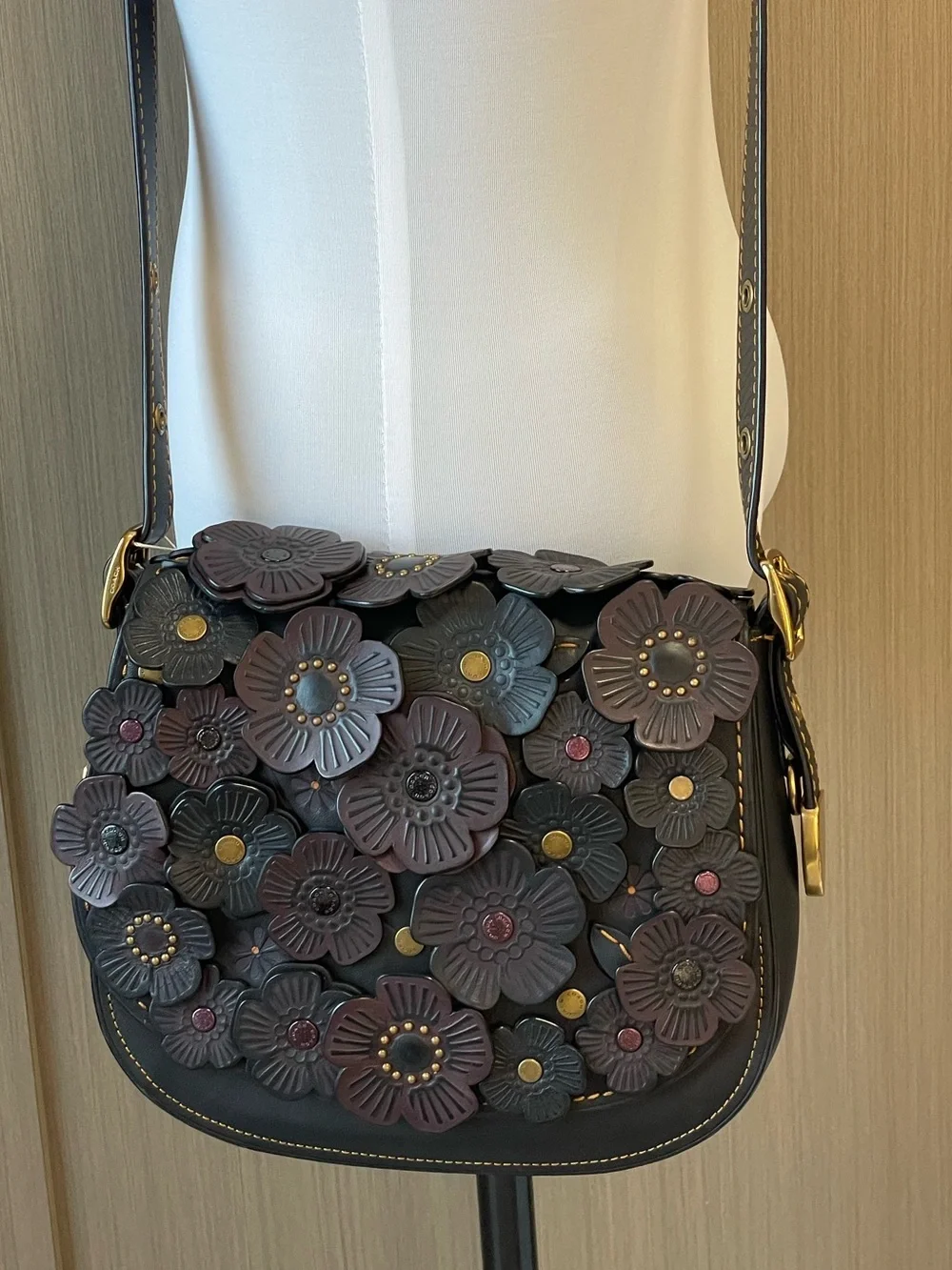 Coach 1941 Camellia Tea Rose Saddle Floral Appliqué Crossbody in Black & Plum